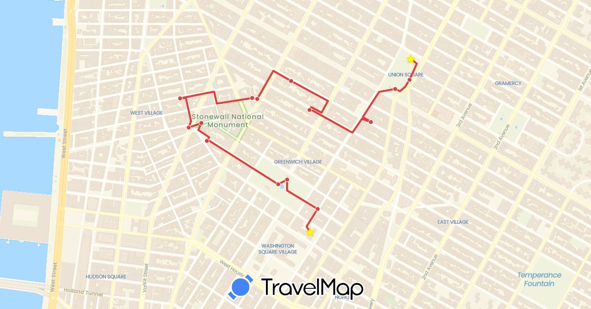 TravelMap itinerary: driving, walking in United States (North America)